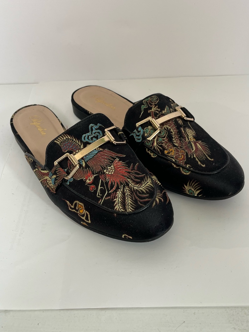 Paprika Black Embroidered Velvet Mules with Gold Buckle Size 8.5